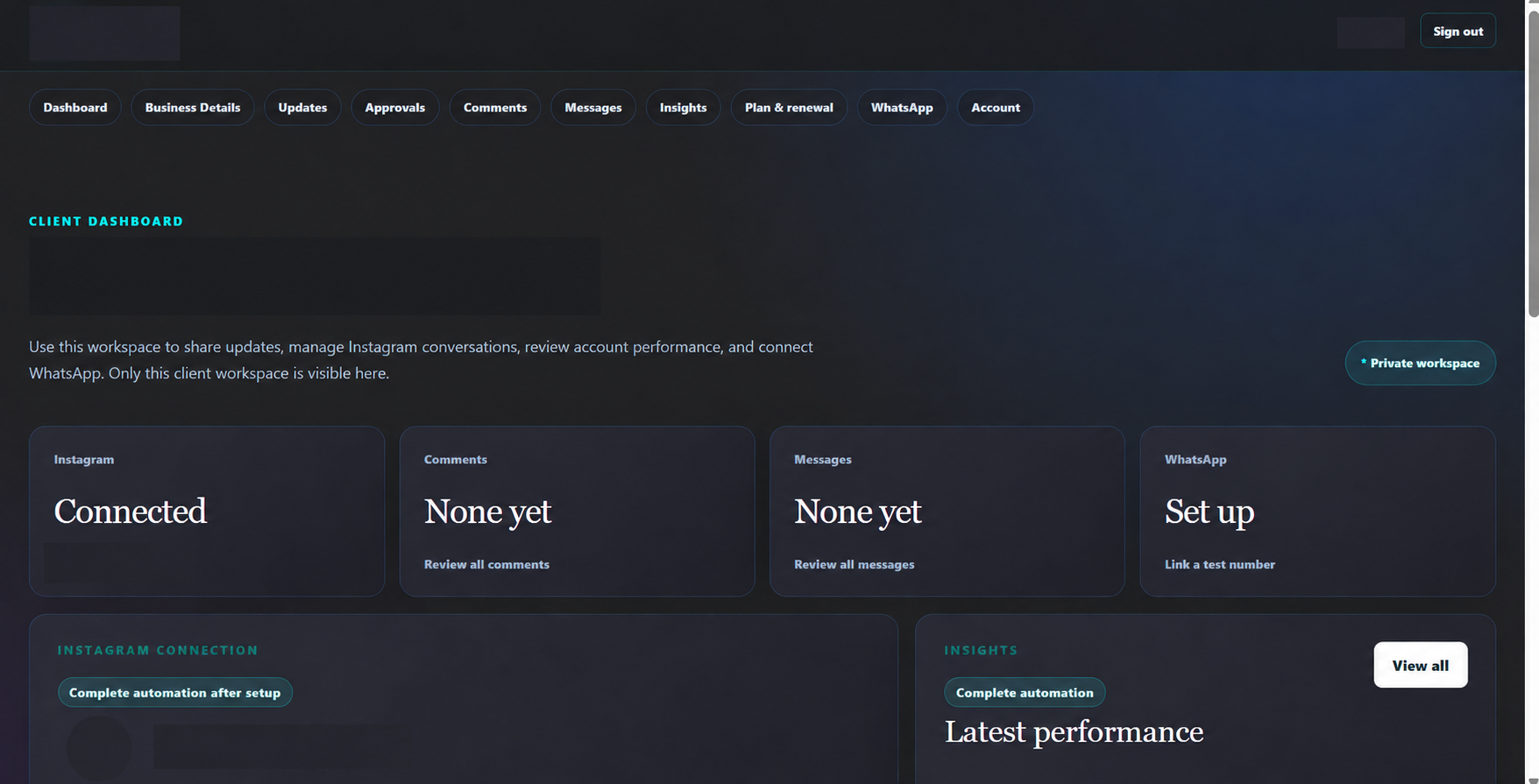 Redacted DhriOSA client dashboard with connected-channel and activity panels